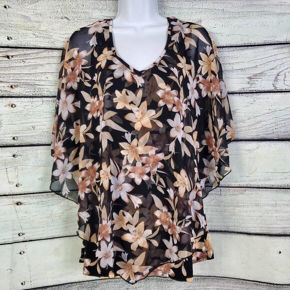 Adele & May Women’s XL Sheer Floral Poncho Blouse Black Beige Flowing Overlay - Picture 1 of 6